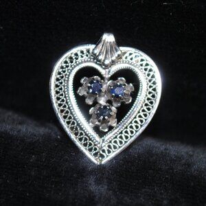 Vintage DEC White-Gold-filled Heart Pendant with Blue Stones